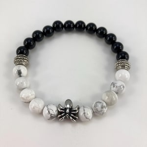 Silver Spider Stretch Bracelet, White Howlite and Black Obsidian, Spooky, Unisex, Choose Your Size, Unique Gift