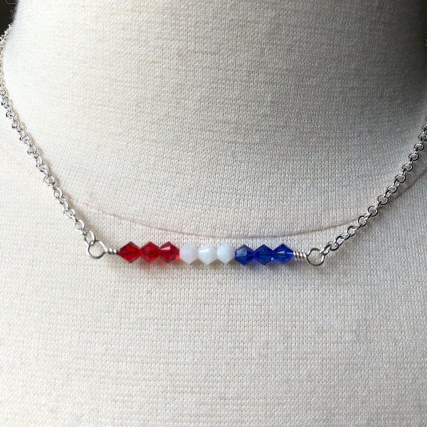 Swarovski Crystal Bar Necklace, Patriotic Choker, Gift for Her, Dainty Necklace, Fourth of July, Memorial Day, Red White & Blue, Minimalist