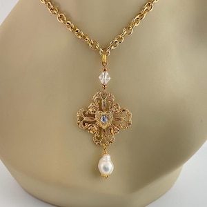 White Baroque Pearl, Templar Gold Filigree Cross Pendant, Handmade, Gift for Her, Baroque, Rococo, Chunky Chain, Unique Gift