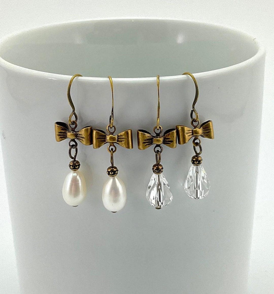 Pear Bow Art Nouveau Bow & Pear Shape Drop Earrings, Pearl or Crystal Tear Drops ...