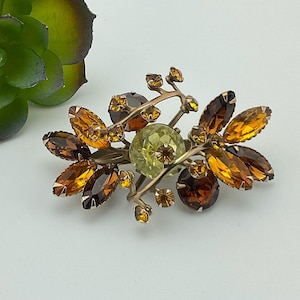 Rhinestone Statement Brooch, Atomic Age, MCM, Brown Orange and Yellow, Gift for Her, Celestial, Unique Gift