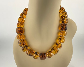 Lucite Necklace, MCM, Chunky Golden Lucite with Brown Leopard Spots, Unique Gift