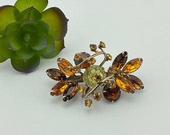 Rhinestone Statement Brooch, Atomic Age, MCM, Brown Orange and Yellow, Gift for Her, Celestial, Unique Gift