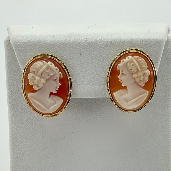 Cameo Earrings, Genuine Carved Shell, 14K Gold Setting, Gift for Her, Lever Backs, Marked Italy