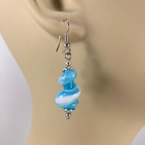 Blue and White Lamp Work Earrings, Art Glass Dangle Earrings, Gift for Her, Twisted Glass Earrings, Swirl Glass, Unique Gift, Artsy Earrings