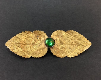 Antique Art Nouveau Brooch, Repousse, Leaves and Flowers, Green Crystal, Unique Gift, Floral, Leaves, Gold Tone Brooch, Gift for Her