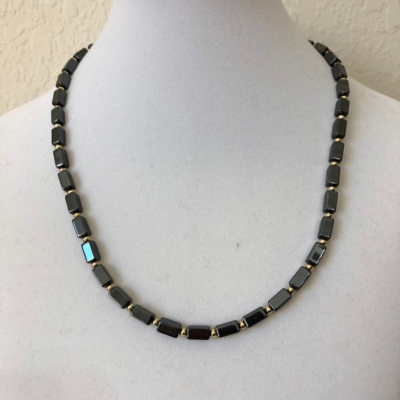 Hematite and Gold Minimalist Necklace, Vintage Hem