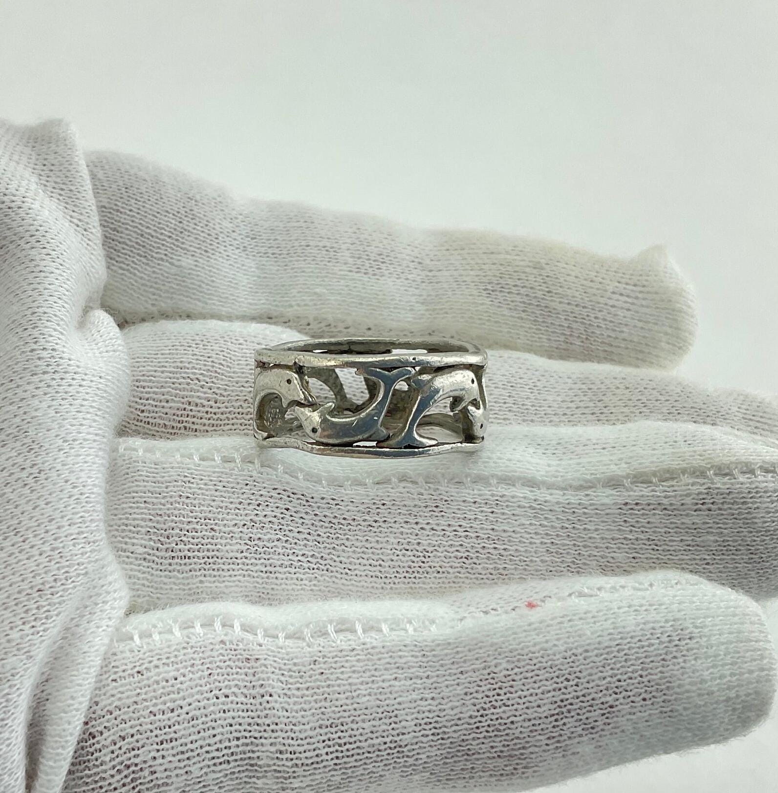 Bague Vintage Argent 1970 Motif Dauphins - Taille 55 - Neuf Sans Emballage
