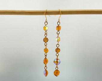 Orange Crystal Dangle Earrings, Aurora Borealis, Golden Orange, Gift for Her, BoHo, Eclectic, Unique Gift