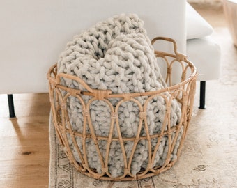 Chunky Knit Blanket made with hand spun natural wool, chunky throw in natural grey color as seen in Apartment Therapy, living room decor