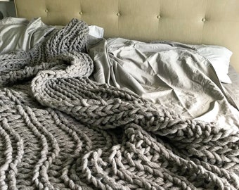 Hand Knit Chunky Wool Blanket, Natural Home Decor Throw
