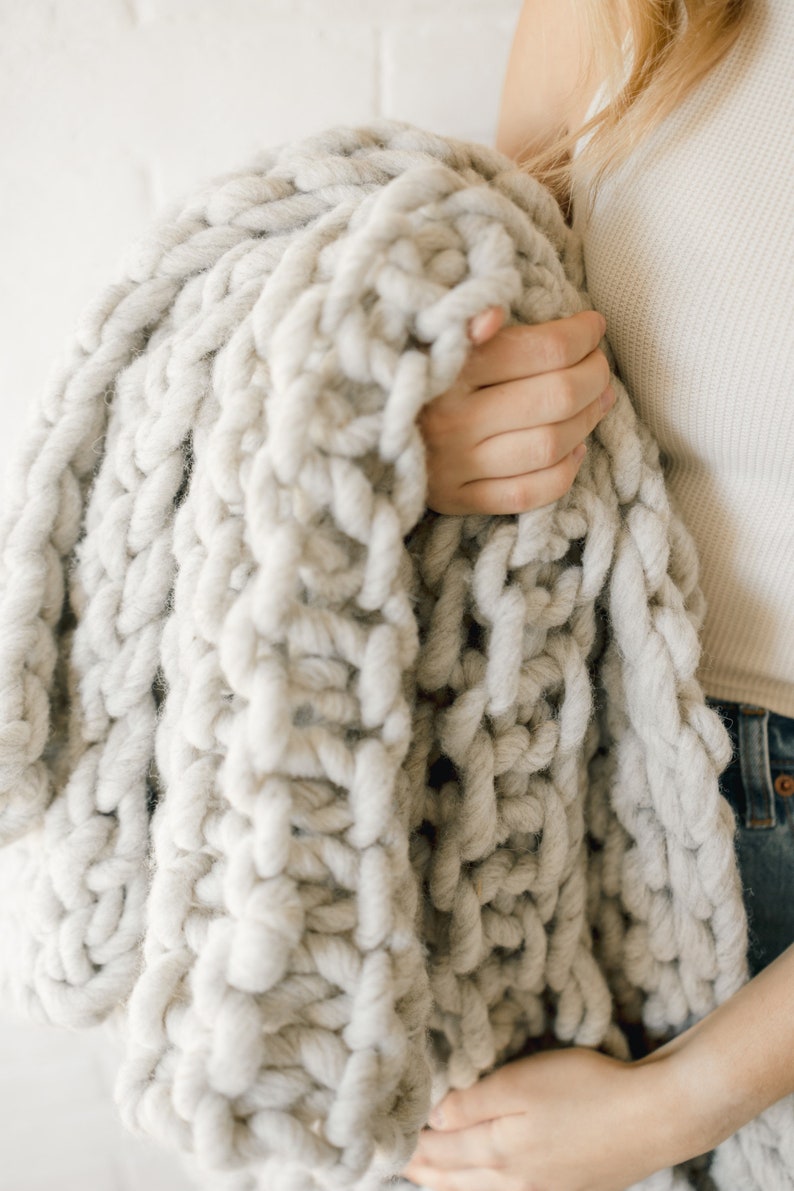 Chunky Knit Blanket made with hand spun natural wool, chunky throw in natural grey color as seen in Apartment Therapy, living room decor image 2