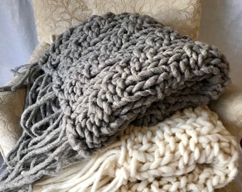Hand Knit Chunky Wool Blanket with Felted Tassels, Cozy and Warm Decor