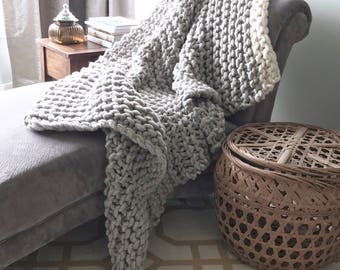 Chunky Knit Wool Blanket, Silver Grey and Cream, Hand Spun Yarn