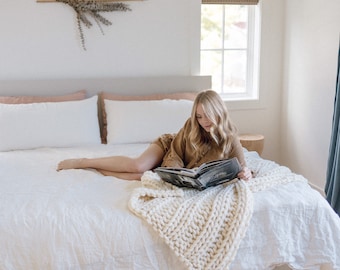 Chunky Blanket in neutral tones, this chunky knit throw is luxury home decor, Canadian handmade wool blanket