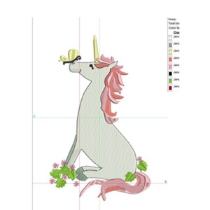 May include: A light gray unicorn with a pink mane and tail sits on a bed of green leaves with pink flowers. A yellow butterfly sits on the unicorn's horn.