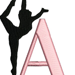 May include: A black silhouette of a gymnast performing a handstand on a pink uneven bars, the letter A is formed by the bars.
