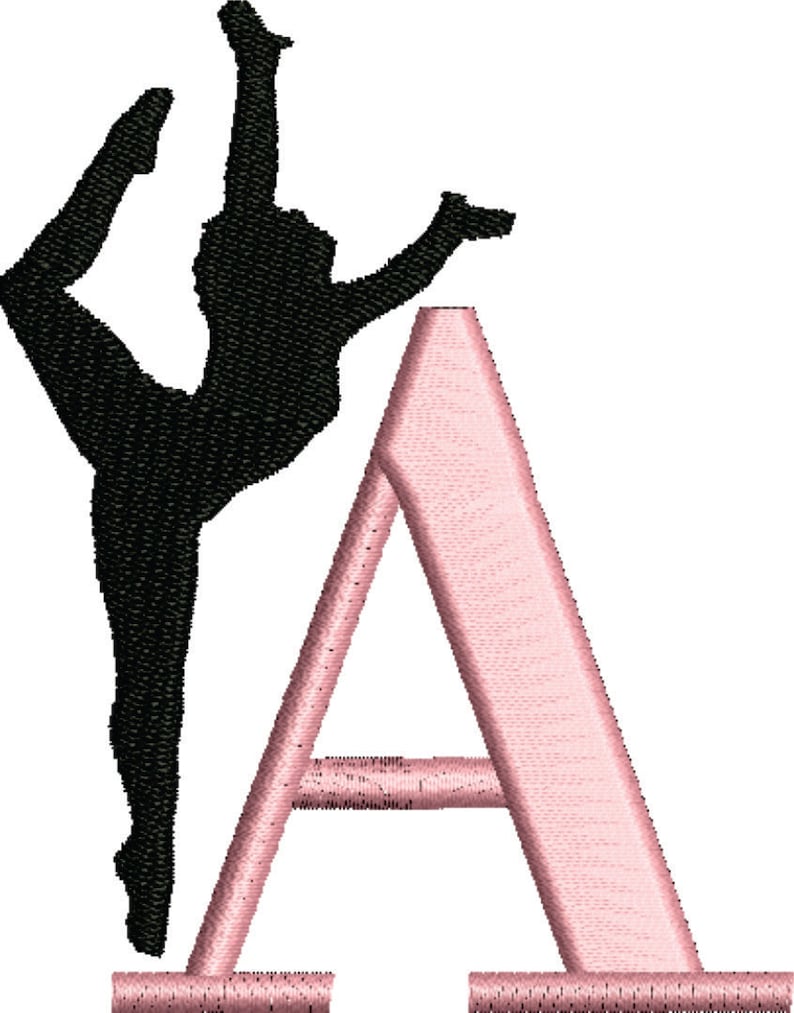May include: A black silhouette of a gymnast performing a handstand on a pink uneven bars, the letter A is formed by the bars.