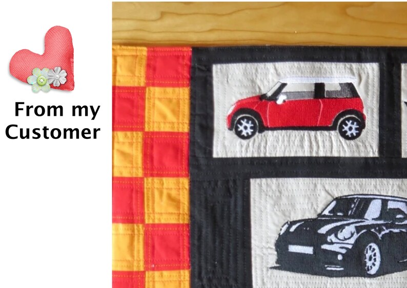 May include: A red and black quilted fabric wall hanging with a checkered pattern and two embroidered images of Mini Cooper cars. The text "From my Customer" is visible in the upper left corner.