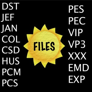 May include: A yellow sun with the word "FILES" in black text on a black background. The words "DST", "JEF", "JAN", "COL", "CSD", "HUS", "PCM", "PCS", "PES", "PEC", "VIP", "VP3", "XXX", "EMD", and "EXP" are written in white text on the left and right sides of the sun.