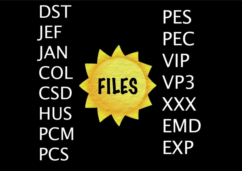 May include: A yellow sun with the word "FILES" in black text on a black background. The words "DST", "JEF", "JAN", "COL", "CSD", "HUS", "PCM", "PCS", "PES", "PEC", "VIP", "VP3", "XXX", "EMD", and "EXP" are written in white text on the left and right sides of the sun.