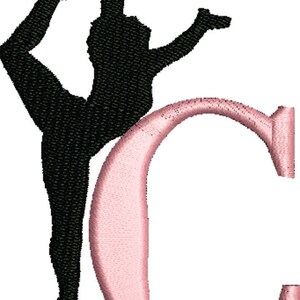 May include: A black silhouette of a gymnast in a backbend pose, with a pink letter C behind her.