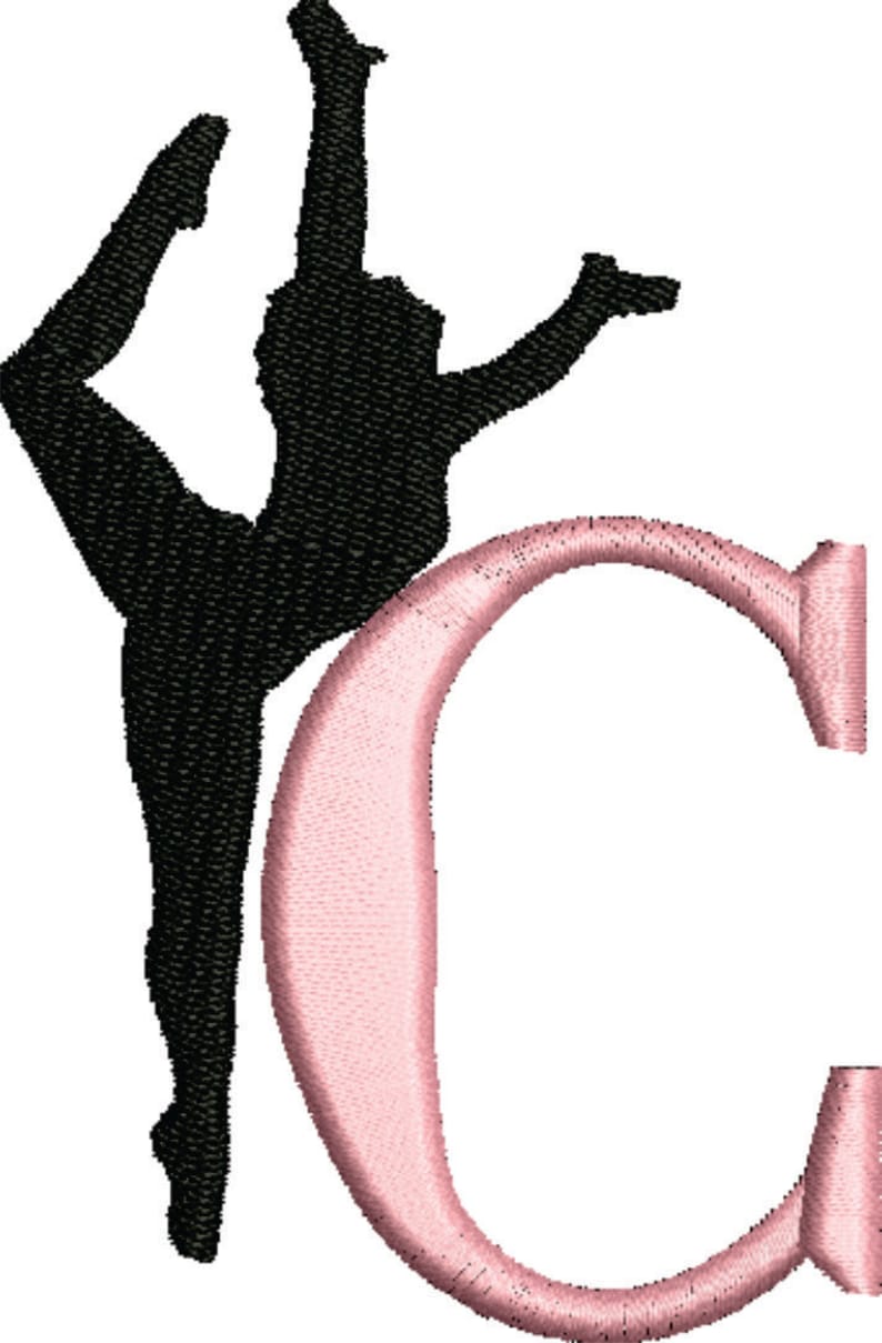 May include: A black silhouette of a gymnast in a backbend pose, with a pink letter C behind her.