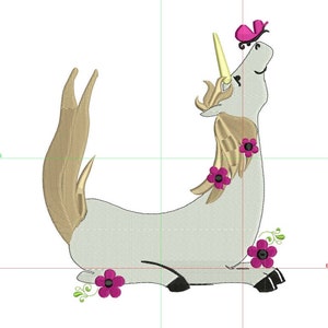May include: A white unicorn with a pink butterfly on its head and pink flowers in its mane. The unicorn is sitting on its hind legs with its front legs outstretched. The unicorn is on a white background.