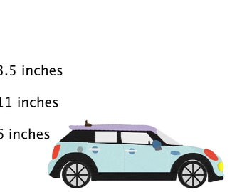 May include: Embroidered light blue car with black wheels, a purple roof, and red and yellow headlights. The car measures 6 inches high, 11 inches long, and 3.5 inches wide.