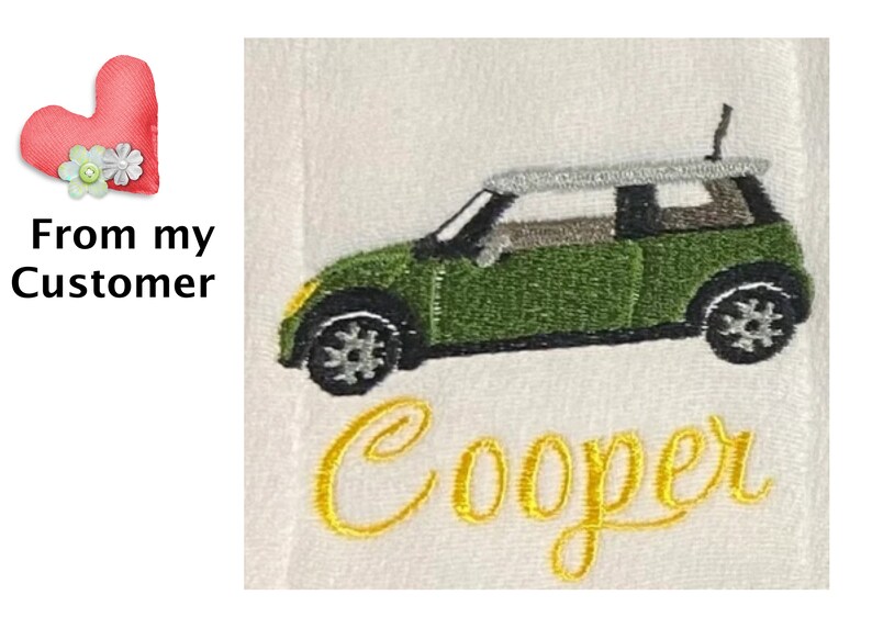 May include: Embroidered green Mini Cooper car with a white roof and the name "Cooper" stitched in yellow thread on a white background.