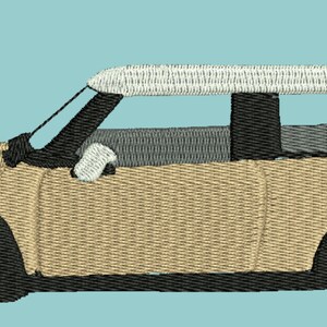 May include: A beige mini-car with a white roof and black accents. The car has a black antenna on the roof and black wheels with white spokes.