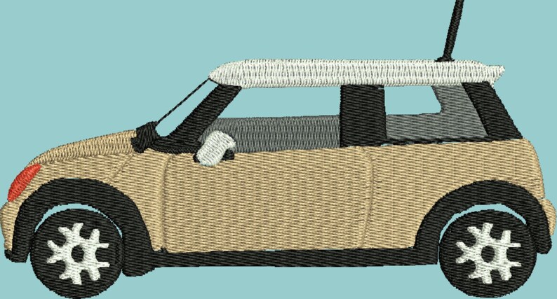 May include: A beige mini-car with a white roof and black accents. The car has a black antenna on the roof and black wheels with white spokes.