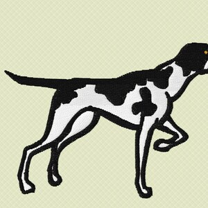 May include: Black and white illustration of a pointer dog with a yellow eye, walking with its head turned to the right.