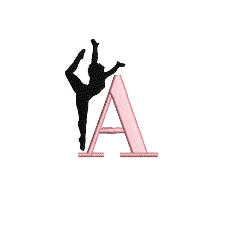 May include: A pink letter A with a black silhouette of a gymnast performing on a balance beam.