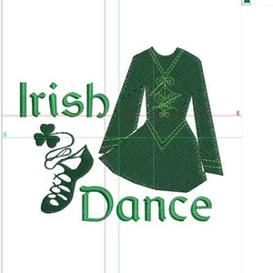 May include: Green embroidered design of an Irish dance dress, a shoe, a shamrock, and the words "Irish Dance".