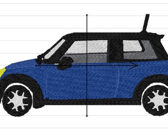 May include: A blue car with a black roof and black wheels. The car has a yellow headlight and a black antenna.