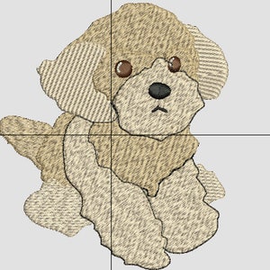 Może przedstawiać: Haftowany wzór psa w odcieniach beżu i brązu. Pies ma brązowe oczy i czarny nos, z teksturowanymi detalami na uszach i ciele. Projekt jest prawdopodobnie przeznaczony na naszywkę lub aplikację.