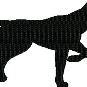 May include: Black silhouette of a dog standing on its hind legs with its front leg raised, as if it is pointing.