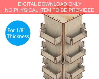 Archivos cortados con láser para posavasos o pegatina de 4" Soporte de exhibición giratorio, 4 lados 16 bolsillos giratorios soporte de estante de exhibición minorista Glowforge SVG Ready