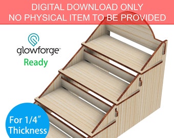 May include: A digital download of a Glowforge ready design for a 4-tier display stand. The stand is made of wood and is designed for 1/4 inch thick material. The design is available in AI, PDF, EPS, SVG, and DXF formats.