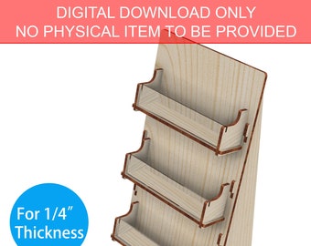 May include: A digital download of a 4-shelf display stand for 1/4 inch thick wood. The stand is designed for Glowforge and is available in AI, PDF, EPS, SVG, and DXF formats.  The stand is made of wood and has a light brown colour.