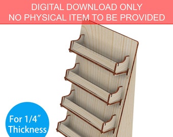 May include: A digital download of a laser cut design for a 4-tier display stand. The stand is made of wood and is designed to hold small items. The design is ready to be used with a Glowforge laser cutter. The file formats included are AI, PDF, EPS, SVG, and DXF.