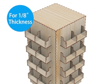 Könnte beinhalten: Ein Holzdisplay mit mehreren Regalen zur Präsentation von Produkten. Der Ständer ist für 1/8 Zoll dicke Materialien ausgelegt und Glowforge-ready. Der Text "For 1/8" Thickness" und "GLOWFORGE READY" ist auf dem Bild sichtbar. Der Text "INSTANT DOWNLOAD (AI, PDF, EPS, SVG, DXF)" ist ebenfalls auf dem Bild sichtbar.