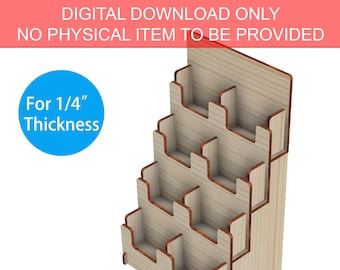 Könnte beinhalten: Ein digitaler Download eines 3D-Modells für einen Holz-Visitenkartenhalter. Der Halter ist für 6,35 mm dickes Holz ausgelegt und hat fünf Ebenen. Das Modell ist bereit für die Verwendung mit Glowforge.