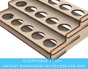 May include: A three-tiered wooden stand with 15 circular cutouts for holding paint bottles. The stand is made of light brown wood with a reddish-brown border.  GLOWFORGE READY INSTANT DOWNLOAD (AI, PDF, EPS, SVG, DXF)
