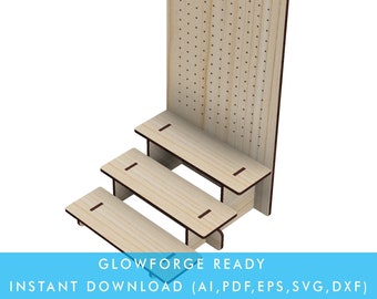 May include: A wooden pegboard with three shelves. The pegboard has a grid of holes for hanging items. The shelves are made of wood and have a natural finish.