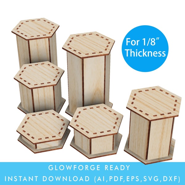 Hexagonal Countertop Riser Display Pedestal Display Column Pillars Retail Stand, Downloadable File for laser cutting,  Glowforge SVG Ready