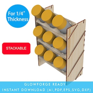 Op de afbeelding: Een houten opbergrek voor items van 1/4 inch dik, met een stapelbaar ontwerp. Het rek is ontworpen om 12 cilindrische items te houden, zoals verfbuizen of spuitbussen. Het rek is gemaakt van hout en heeft een natuurlijke afwerking. De tekst "For 1/4" Thickness" en "STACKABLE" is zichtbaar op de afbeelding. De tekst "GLOWFORGE READY" en "INSTANT DOWNLOAD (AI, PDF, EPS, SVG, DXF)" is ook zichtbaar op de afbeelding.
