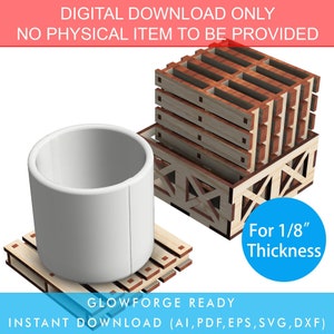 May include: A digital download design for a wooden pallet coaster and a pallet cup holder. The design is for 1/8 inch thick material and is ready to be used with Glowforge. The design is available in AI, PDF, EPS, SVG, and DXF formats.