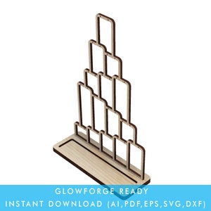 May include: A wooden stand with a tiered design, perfect for displaying photos or other small items. The stand is made of light wood with a brown stain and has a rectangular base. The stand is designed to hold 15 photos or other small items.